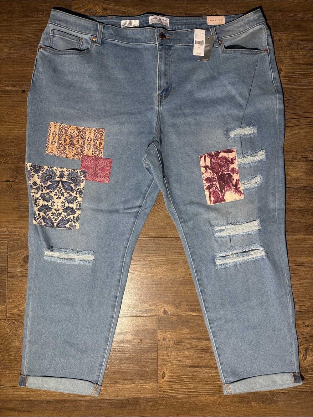 NWT Lane Bryant Boyfriend Jeans- Light Wash Distressed Patchwork Denim - Size 24
